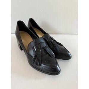 Marc Fisher Black Leather Tassel Loafer Block Heels Women's Size 7.5